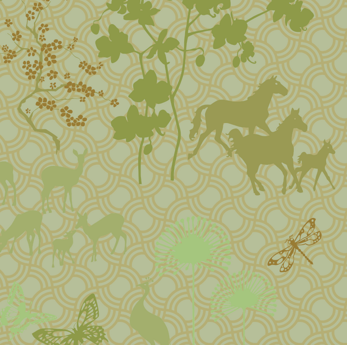 Voksdug grøn med heste og sommerfugle fra Notes by Susanne Schjerning  - Voksdug Happy Horses Greenery