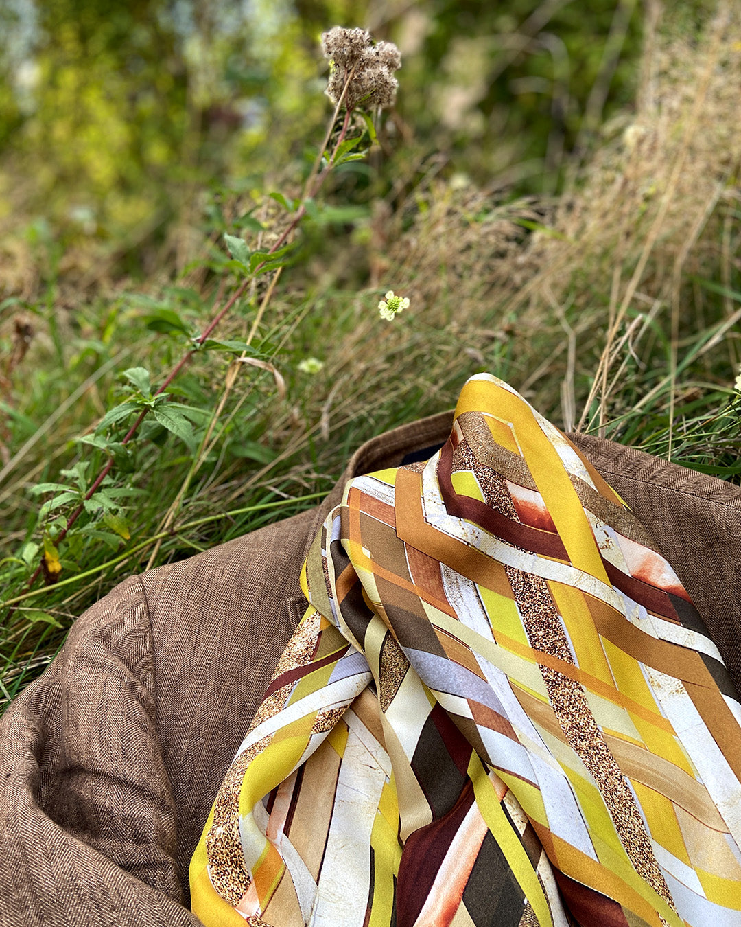 Silketørklæde gyldent Aflangt - 100% ægte SILKE TWILL - 160 x 65 cm - Harlequin Golden No. 12