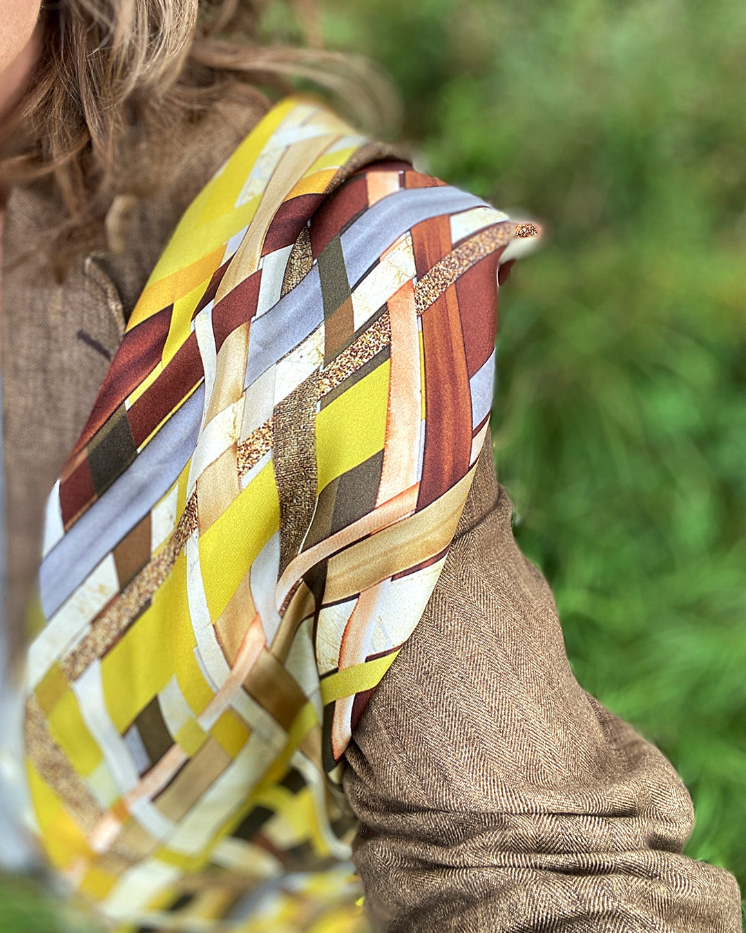 Silketørklæde gyldent Aflangt - 100% ægte SILKE TWILL - 160 x 65 cm - Harlequin Golden No. 12