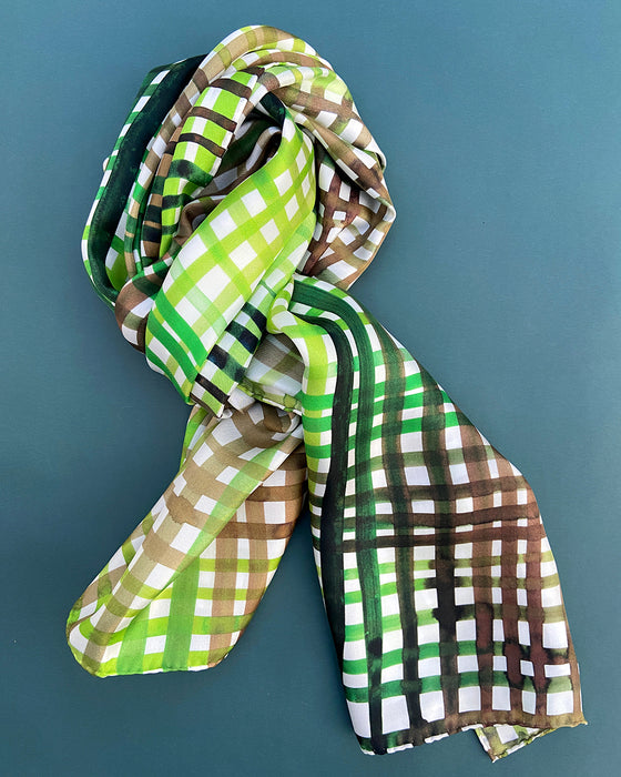 Silketørklæde - Grønt ternet - Naturlig luksus - HAZEL Cph - 160 x 65 cm - Heather No. 27