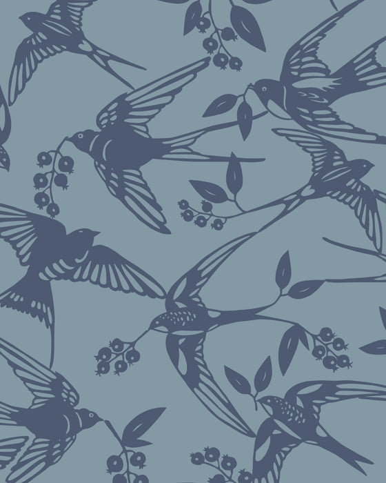Voksdug - blå farve med fugle og bær fra Notes by Susanne Schjerning - BIRDS Arona Blue